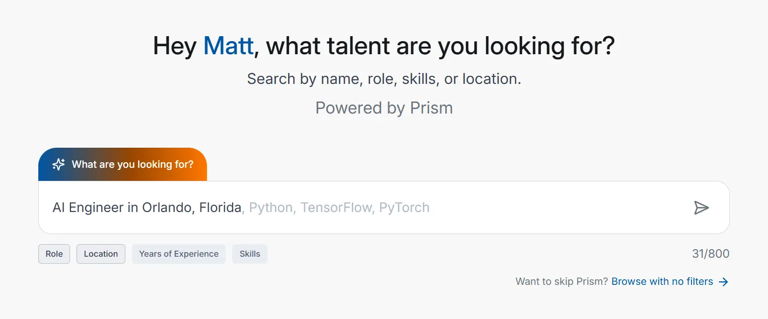 Elios Insights Prism search: a recruiter types 'AI Engineer in Orlando, Florida, Python, TensorFlow, PyTorch' into a natural-language search box.